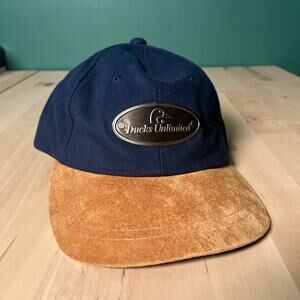 VTG Ducks Unlimited Sponsor Hat Navy Tan Suede Brim Metal Badge Adjustable Cap